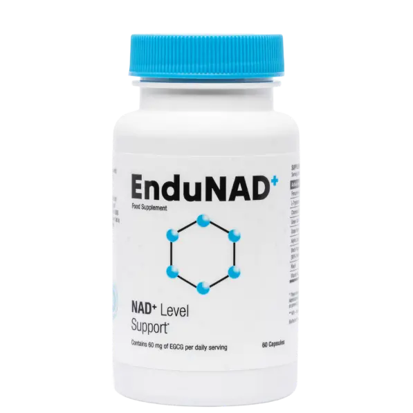 Pote do suplemento EnduNAD+ com cápsulas, destacando sua fórmula avançada para saúde e energia.